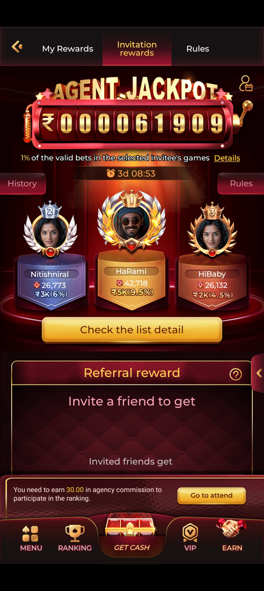 Rokda7 Agent Jackpot — Invitation Rewards Leaderboard
